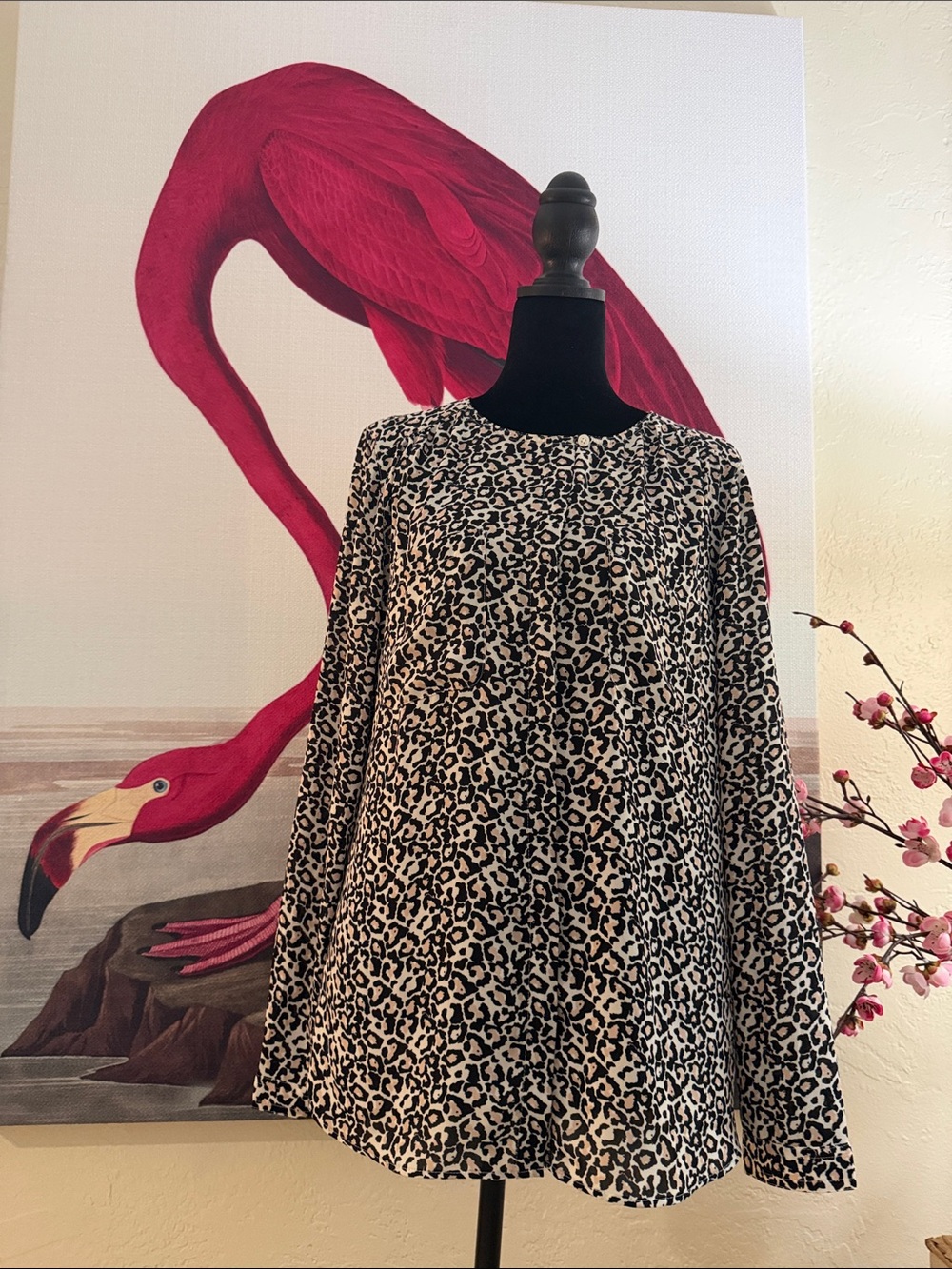 LOFT Black and Cream Leopard Print Long Sleeve Blouse